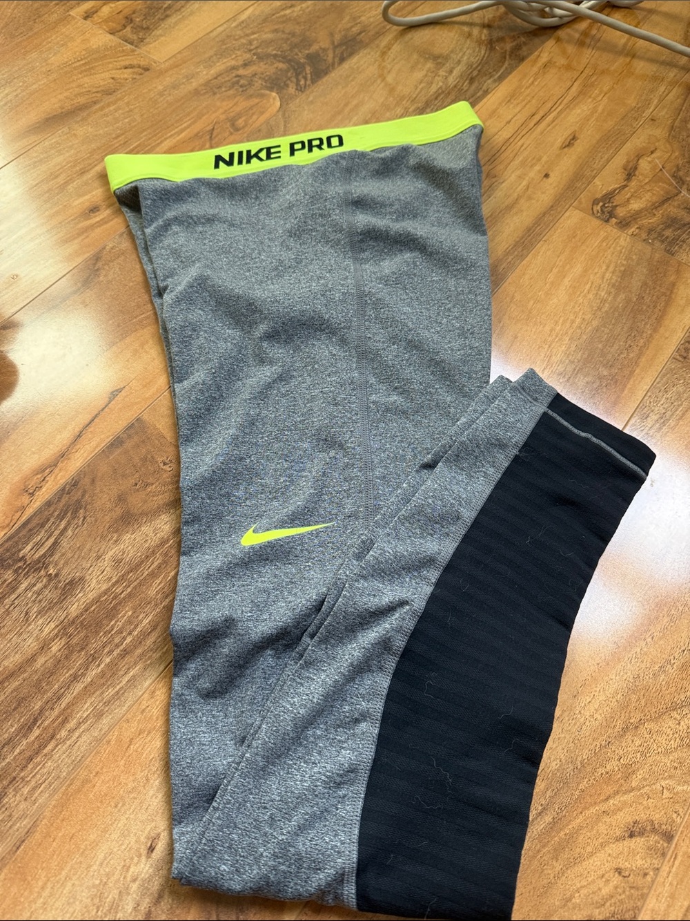 Nike Gray Compression Leggings with Neon Yellow Accents